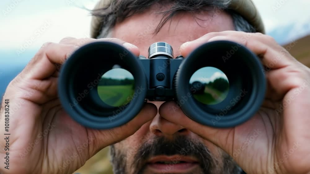 Close up portrait of a Caucasian hiker with binoculars. The man enjoys a peaceful moment, binoculars in hand, as he takes in the breathtaking views of the surrounding landscape. Close up portrait of a Caucasian hiker with binoculars. The man enjoys a peaceful moment, binoculars in hand, as he takes in the breathtaking views of the surrounding landscape.