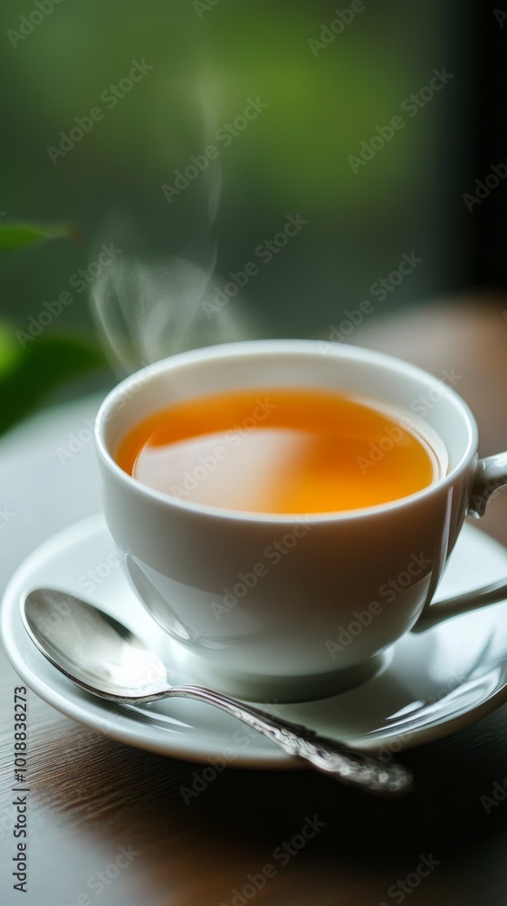 Delicate cup of white tea on a white saucer, soft steam rising, with silver spoon beside, minimalistic tea scene Delicate cup of white tea on a white saucer, soft steam rising, with silver spoon beside, minimalistic tea scene