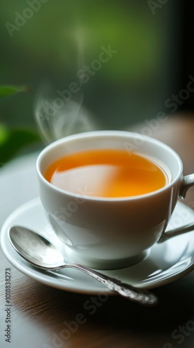 Delicate cup of white tea on a white saucer, soft steam rising, with silver spoon beside, minimalistic tea scene 