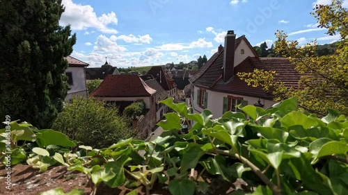 A view of a small town with houses and a church
