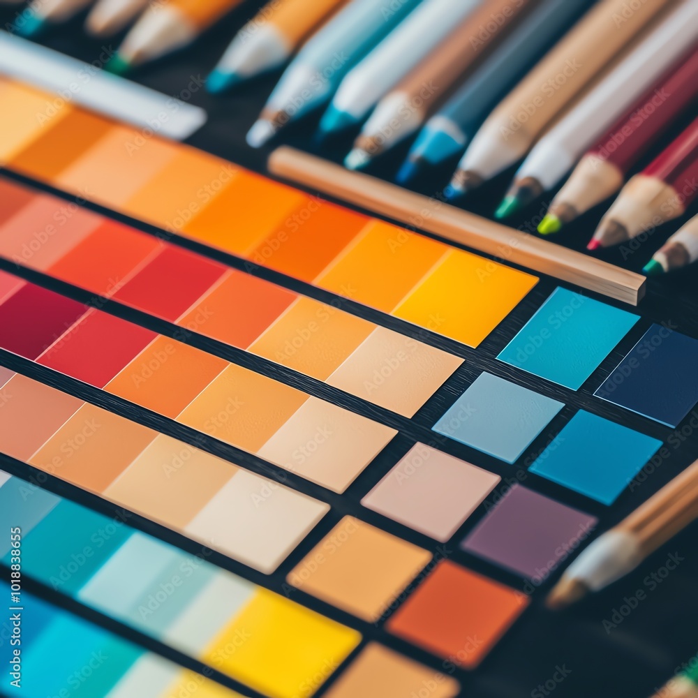 A vibrant collection of color swatches and art supplies showcasing a spectrum of hues and shades for creative projects.