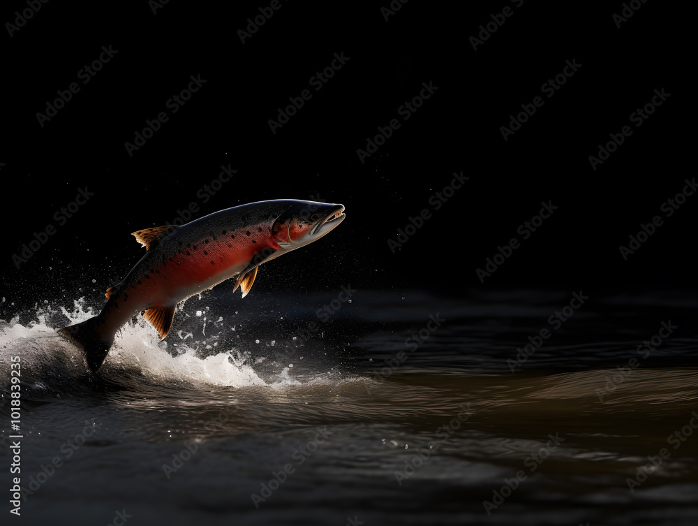 Fototapeta premium Wildlife Photography of Jumping Salmon with Water Splash on Dark Background