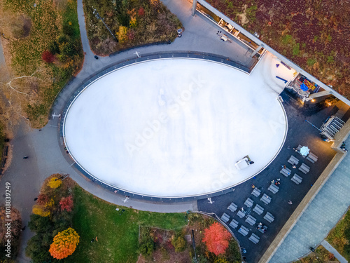 Aerial top down of Prospect Park ice skating rink zamboni Brooklyn during fall in New York City