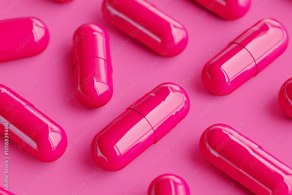 Vibrant pink capsules arranged on a bright surface, perfect for health and wellness concepts. Vibrant pink capsules arranged on a bright surface, perfect for health and wellness concepts.