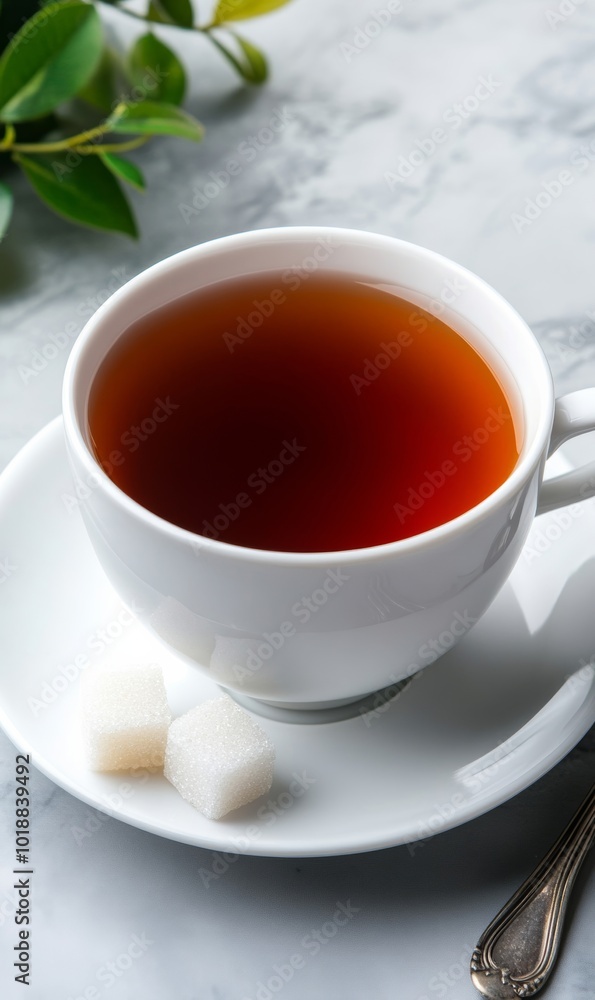 Elegant teacup filled with dark amber black tea on a white saucer, with sugar cubes and a silver spoon nearby Elegant teacup filled with dark amber black tea on a white saucer, with sugar cubes and a silver spoon nearby