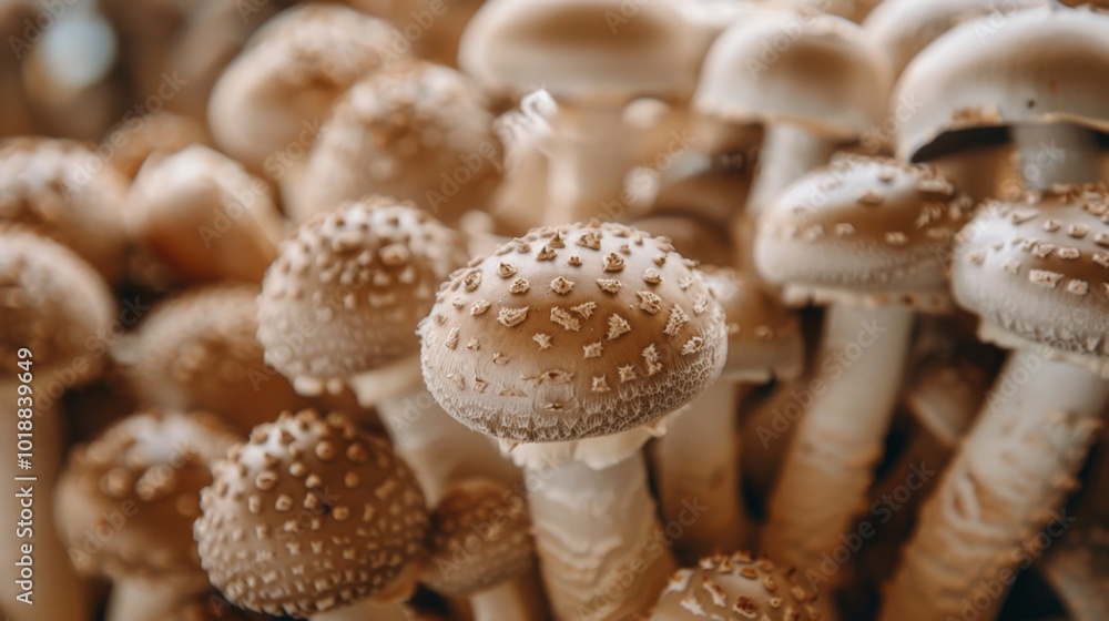 view of a cluster of brown mushrooms with textured, spotted caps, view of a cluster of brown mushrooms with textured, spotted caps,