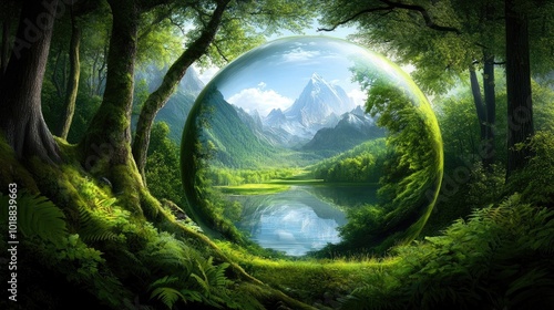 A crystal ball reveals a mesmerizing forest and snow-capped mountains reflecting in a serene lake under warm sunlight