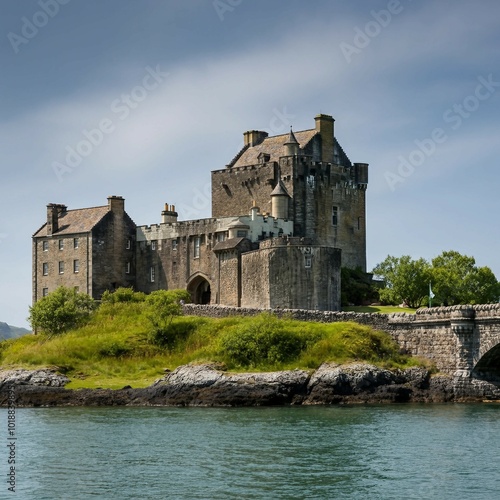 Imposing Scottish castle on tranquil loch against cloudy sky