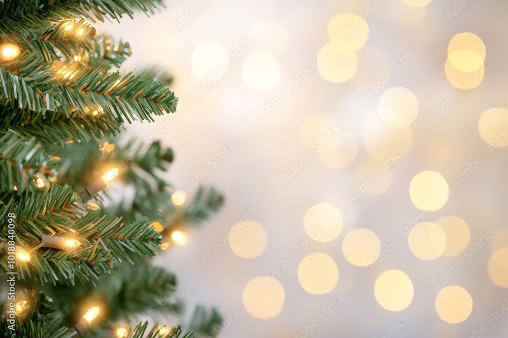 A Christmas tree decorated with a garland. Blurred background, bokeh. A Christmas tree decorated with a garland. Blurred background, bokeh.