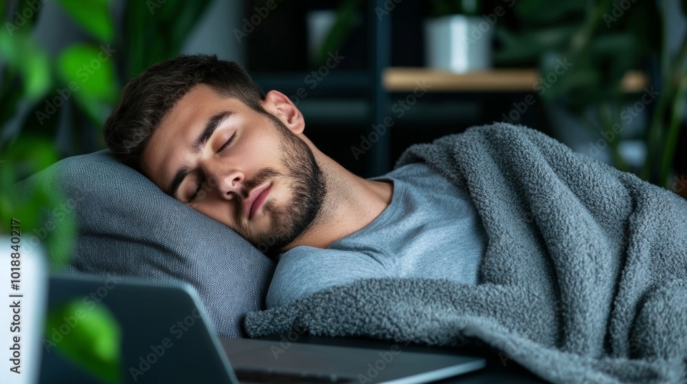 Employee taking a nap at their desk with a blanket draped over the chair, emphasizing rest to combat burnout Employee taking a nap at their desk with a blanket draped over the chair, emphasizing rest to combat burnout