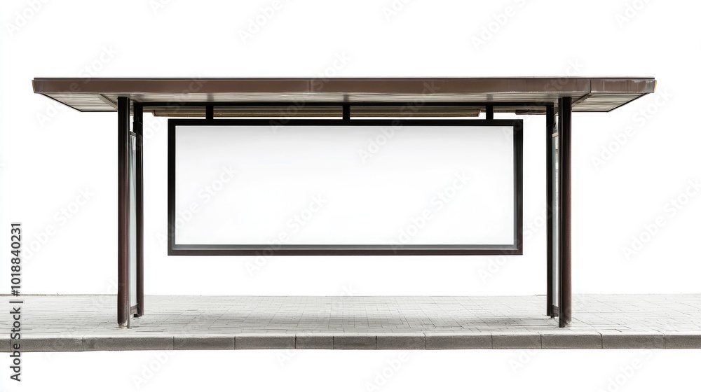 A city bus stop featuring a blank white billboard, isolated on a crisp white background for advertising purposes. A city bus stop featuring a blank white billboard, isolated on a crisp white background for advertising purposes.