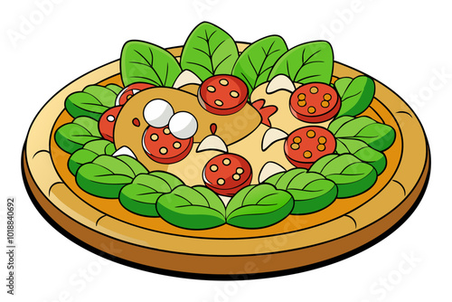 Italian pizza Caesar with with chicken croutons and greens on white board