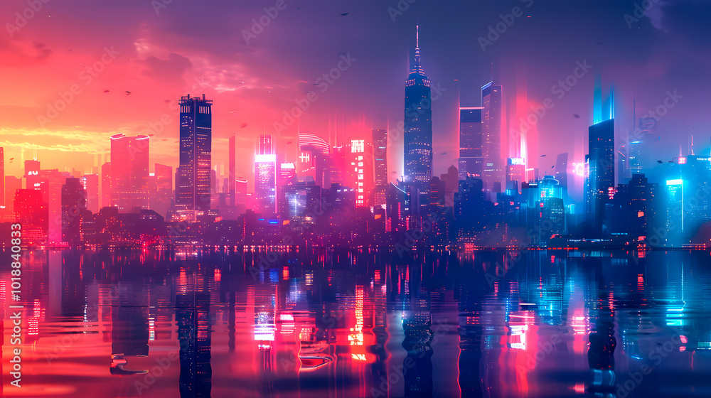 Vibrant futuristic cityscape at dusk with neon reflections on water Vibrant futuristic cityscape at dusk with neon reflections on water