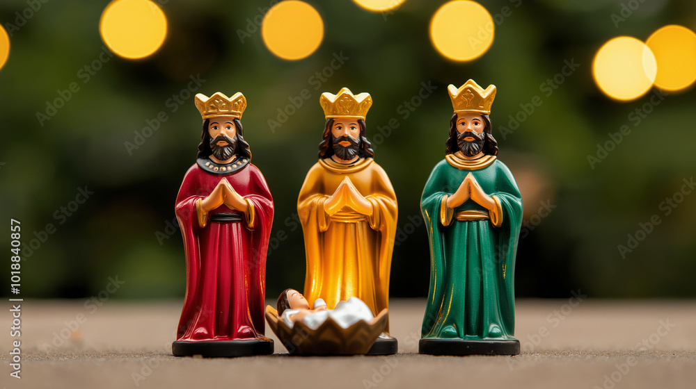 Obraz premium Figurines of the Three Wise Men placed beside a glowing nativity scene, honoring the Feast of the 3 Kings tradition 
