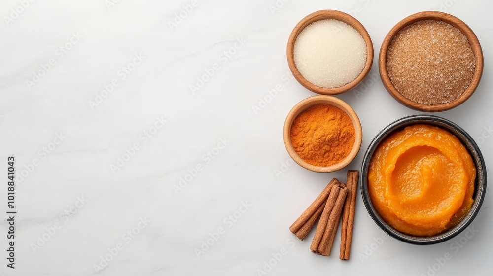 Flat lay of pumpkin recipe ingredients pumpkin puree, cinnamon, nutmeg, and brown sugar on white marble background Flat lay of pumpkin recipe ingredients pumpkin puree, cinnamon, nutmeg, and brown sugar on white marble background