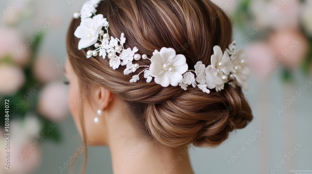 Naklejka premium Floral hair charms with delicate lace flowers and pearls arranged in a romantic bridal hairstyle 