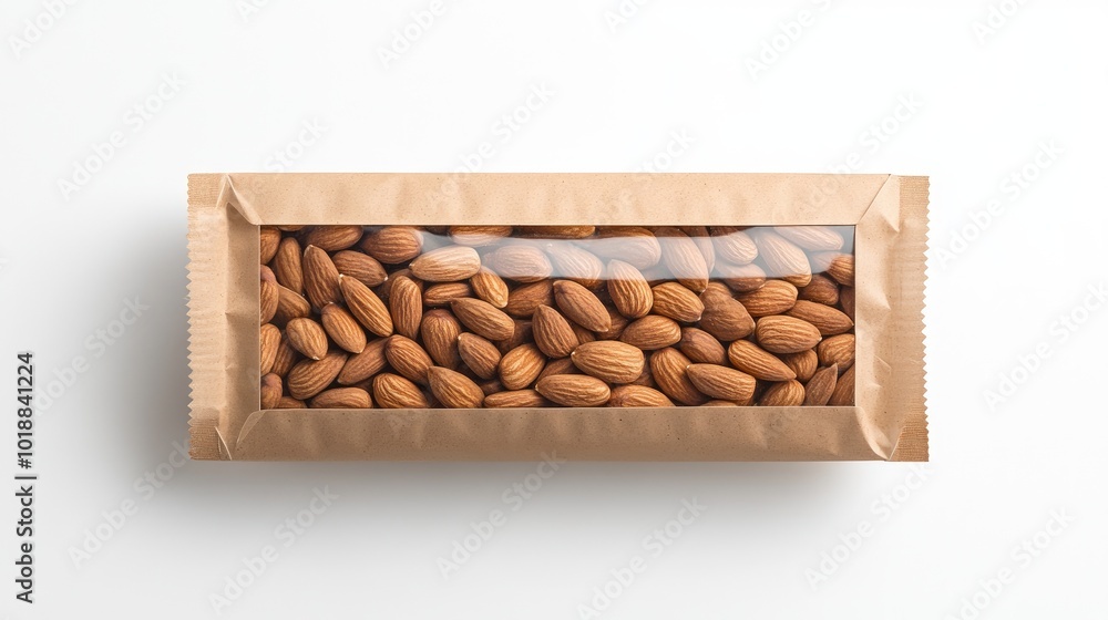 A kraft paper package of roasted almonds with a transparent section in the middle, neatly displayed on a clean white background. A kraft paper package of roasted almonds with a transparent section in the middle, neatly displayed on a clean white background.