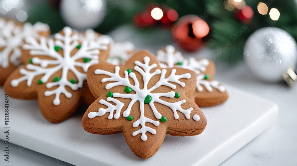 Frosted gingerbread cookies on a snowy windowsill, with festive decorations in the background, White Christmas treats theme Frosted gingerbread cookies on a snowy windowsill, with festive decorations in the background, White Christmas treats theme