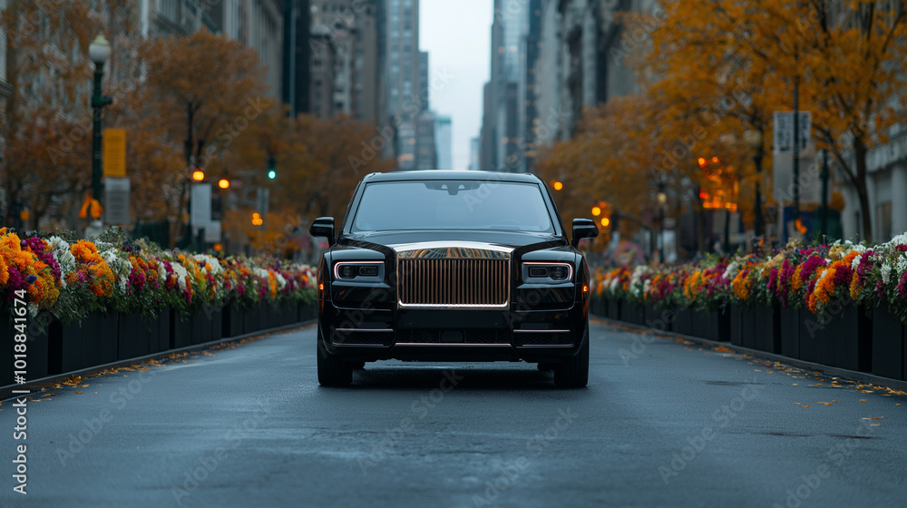 Fototapeta premium Funeral hearse driving through city streets lined with mourners and flowers, famous person’s last journey, public memorial theme