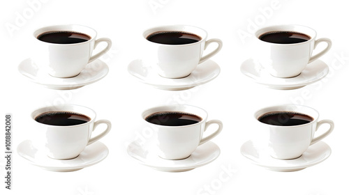 Collection of Six White Coffee Cups Filled With Hot Black Coffee Generative AI