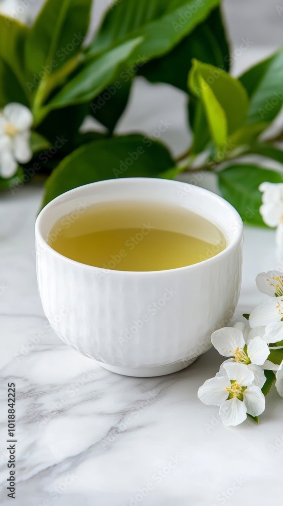Green tea in a delicate teacup with jasmine flowers on the side, serene and aromatic tea experience Green tea in a delicate teacup with jasmine flowers on the side, serene and aromatic tea experience