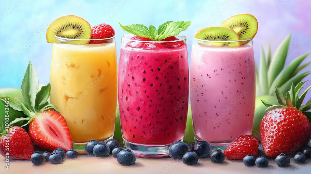 Refreshing Exotic Fruit Drinks with Berries and Kiwi Garnish, Vibrant Summer Colors Refreshing Exotic Fruit Drinks with Berries and Kiwi Garnish, Vibrant Summer Colors
