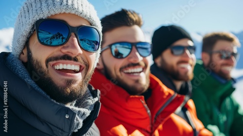 Group of friends laughing on a snowy ski lift, enjoying the breathtaking views of the snow-covered mountains around them 