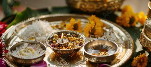 Traditional Lakshmi Puja Thali with Silver Diya and Sacred Items for Spiritual Celebration photo