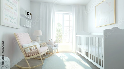 A rocking chair and crib arrangement in a minimalist baby room with white walls and soft pastel accents.