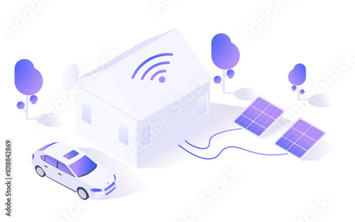 A smart house with solar panels, a car, and trees in a modern graphic style. Vector illustration