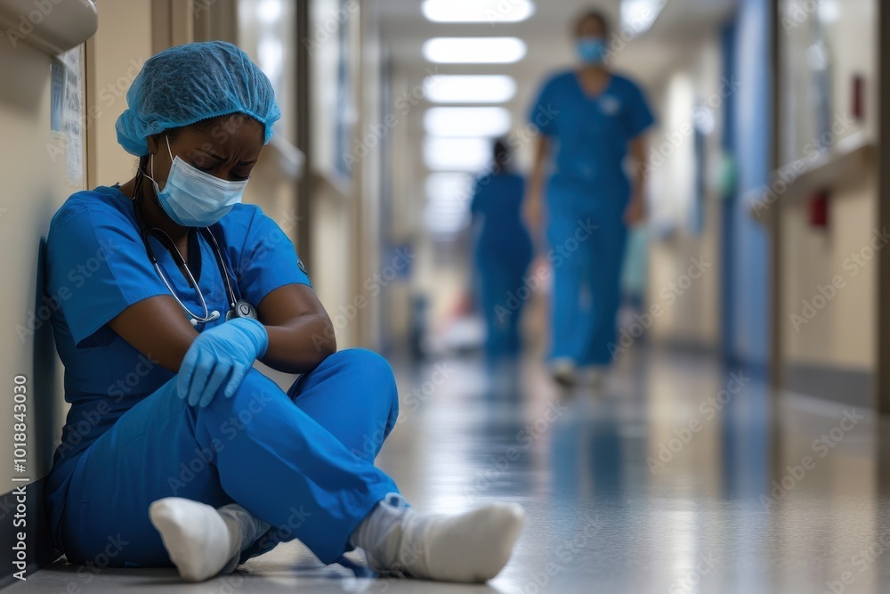 A fatigued nurse in scrubs and a face mask sits on the floor of a hospital hallway, showing the emotional toll of healthcare work. A fatigued nurse in scrubs and a face mask sits on the floor of a hospital hallway, showing the emotional toll of healthcare work.