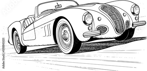Abstract retro sports car in black and white ink drawing style, adult coloring book