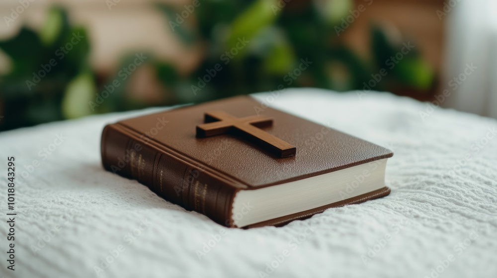 Holy Bible and cross placed together on a soft white cloth, symbolizing scripture and faith, Christian worship theme Holy Bible and cross placed together on a soft white cloth, symbolizing scripture and faith, Christian worship theme