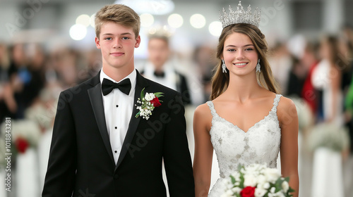 Homecoming court walking down a decorated runway with crowns and sashes, school royalty and celebration theme  photo