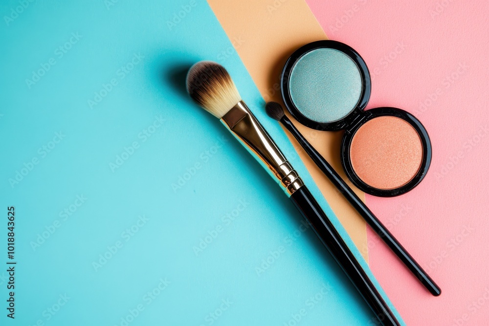 Makeup brushes and eyeshadow palette on colorful background with copy space, showcasing beauty and cosmetic products. Makeup brushes and eyeshadow palette on colorful background with copy space, showcasing beauty and cosmetic products.