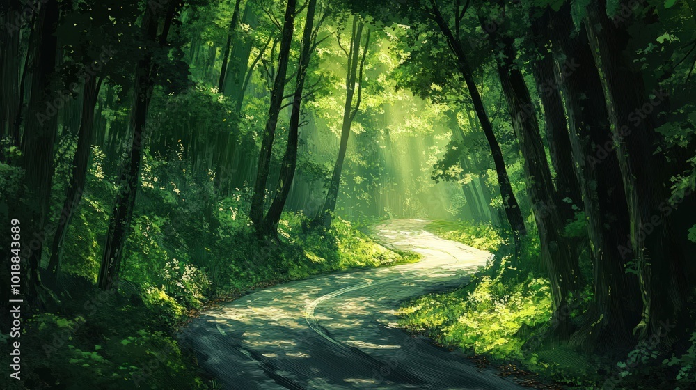 Obraz premium A winding road through a lush green forest with sunlight streaming through the trees.