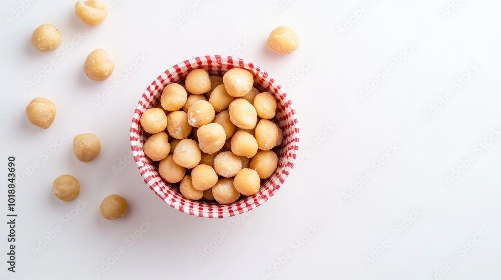 A small packet of salted macadamia nuts with bold, vibrant packaging, isolated on a white background. A small packet of salted macadamia nuts with bold, vibrant packaging, isolated on a white background.
