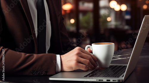 A businessman with a laptop and coffee cup, representing the fusion of technology and comfort in the modern workplace .