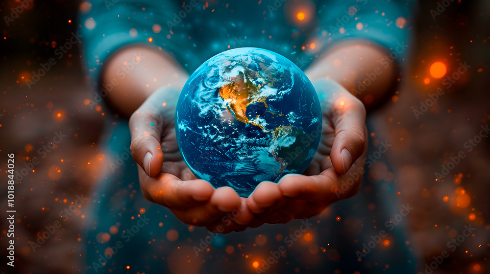 Hands holding earth with glowing particles: capturing global connection and environmental hope Hands holding earth with glowing particles: capturing global connection and environmental hope