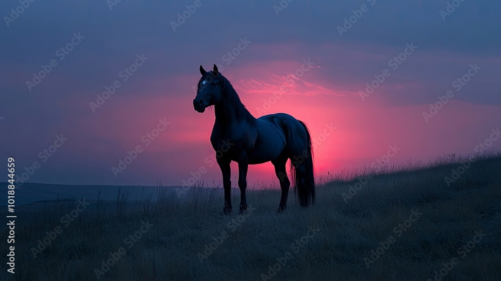 A black stallion standing tall on a hilltop, silhouetted against the fading light of dusk A black stallion standing tall on a hilltop, silhouetted against the fading light of dusk