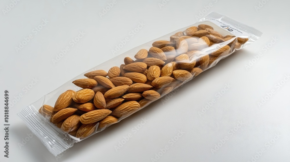 A vacuum-sealed plastic package of salted almonds, laid flat on a white surface, with bold branding visible. A vacuum-sealed plastic package of salted almonds, laid flat on a white surface, with bold branding visible.