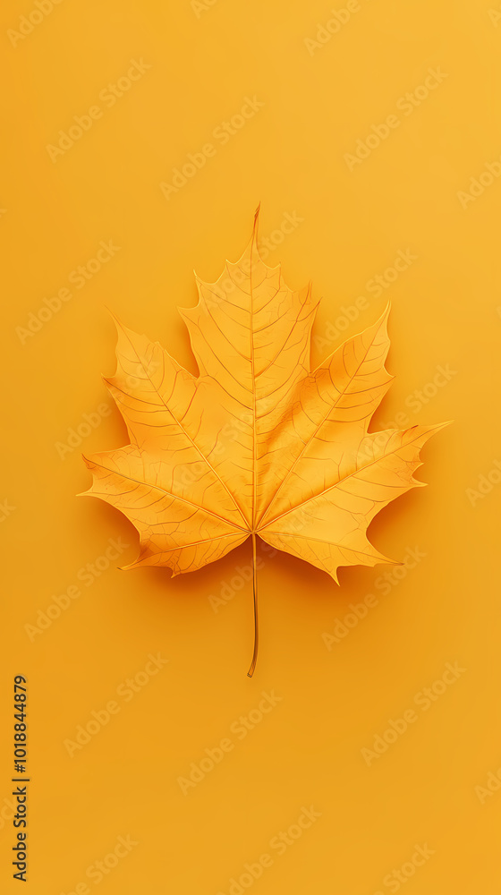 Single maple leaf on a yellow background