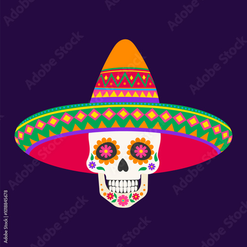 A skull with a flower on it is wearing a sombrero. The skull is smiling and the sombrero is colorful