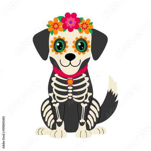 A skeleton dog with a flower crown on its head. The dog is wearing a red collar. The image has a spooky and cute vibe