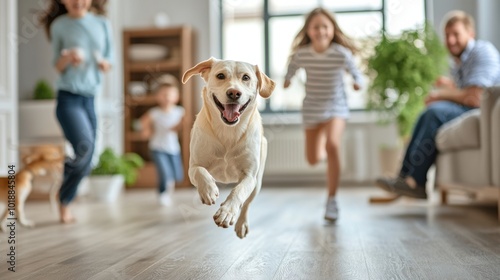 Happy family and pet dog playing in a modern living room. Candid moment with dynamic movement.