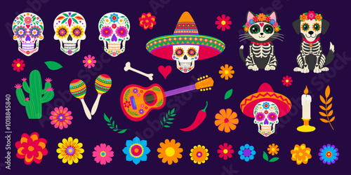 A collection of colorful skulls, flowers, and other decorations, including a guitar and a skeleton cat