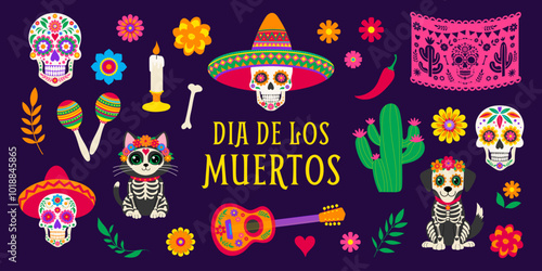 Dia de los muertos is a Mexican holiday that celebrates the lives of the deceased. Various symbols and decorations related to this holiday, including skeletons, flowers, and a guitar