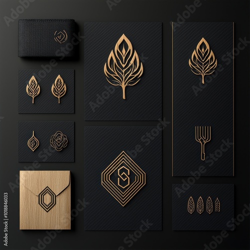 A minimalist design featuring elegant leaf motifs and geometric shapes in black and gold, showcasing modern branding elements. photo