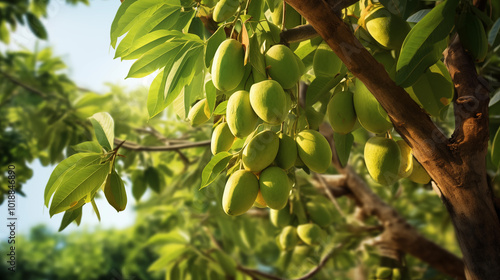 A sunlit mango tree filled with green mangoes, symbolizing the joy of gardening and the anticipation of harvesting ripe, delicious fruits.