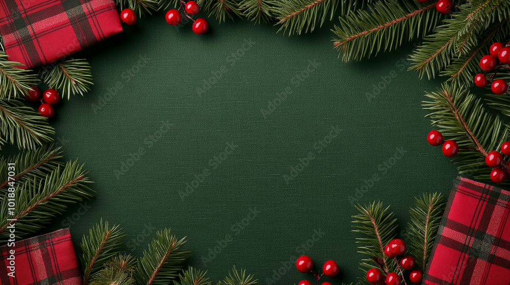Red plaid Christmas frame with a rustic feel, surrounded by evergreen branches and small red berries, cozy holiday theme Red plaid Christmas frame with a rustic feel, surrounded by evergreen branches and small red berries, cozy holiday theme